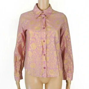 Vintage Y2K Just Cavalli Pink Metallic Gold Floral Wax Finish Long Sleeve Blouse